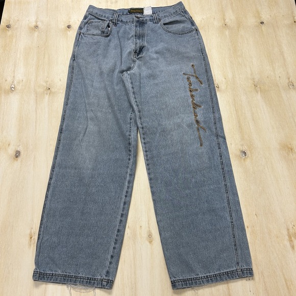 Y2K Timberland Jeans Mens Light Wash Blue Denim Baggy Wide Leg Logo Fits 34x30